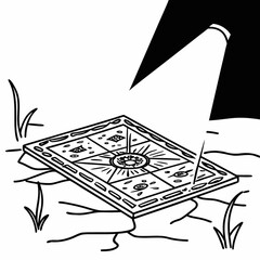 Minimilist a square ornate tile with radiating design sits on cracked ground under a spotlight in black and white vector