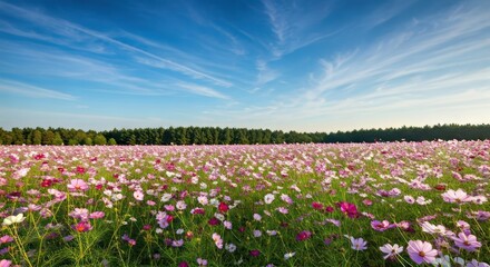 Vast field of pink and white flowers under a bright, cloud-streaked blue sky