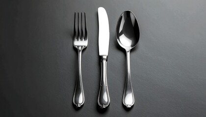 Polished silverware set fork, knife, and spoon arranged formally