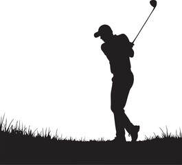 Black silhouette of a golfer swinging a club on grass