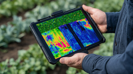 Tablet held by a farmer displaying a vivid thermal image of green fields, glowing heat map tones of red, yellow, and blue showing crop health variations, futuristic precision agric