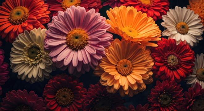 Vibrant close-up of a mix of colorful daisy-like flowers, with visible petals and central disks