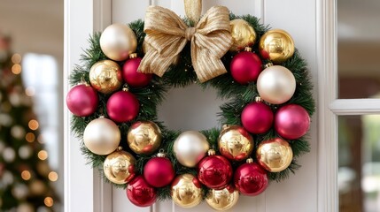 Traditional festive Christmas wreath with glossy red and gold baubles, decorated with a large bow, hanging on a white door.