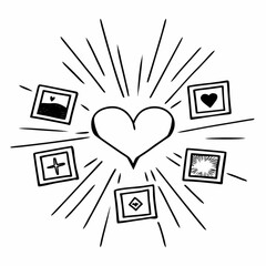Minimilist hand drawn heart surrounded by framed icons and radiating lines in a black and white vector illustration vector