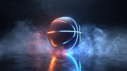 Bright neon basketball with glowing lines and smoke effects in a dark setting creating a dynamic sports atmosphere