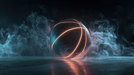 Bright basketball rolling on a smooth surface surrounded by colorful smoke in a dark environment