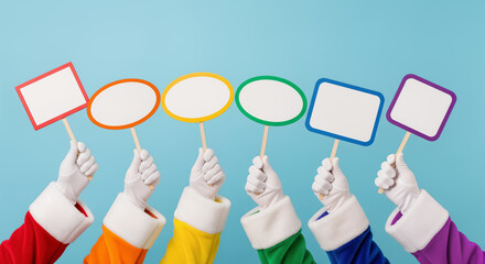 Inclusive Christmas: Multicolored Santa Claus Hands Holding Blank Signs