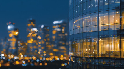 High-detail architectural close-up of a modern business building at night, windows glowing warmly, reflections shimmering across glass surfaces, symbol of dedication and urban vita