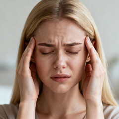 Woman experiencing severe headache and discomfort, touching temples