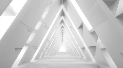 Stunning white triangular corridor with geometric patterns and strong light effects creating a unique visual experience
