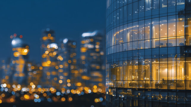 High-detail architectural close-up of a modern business building at night, windows glowing warmly, reflections shimmering across glass surfaces, symbol of dedication and urban vita