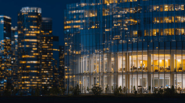 Urban nightscape featuring the glowing facade of a corporate building, interior activity visible behind glass, warm light patterns creating rhythm and motion