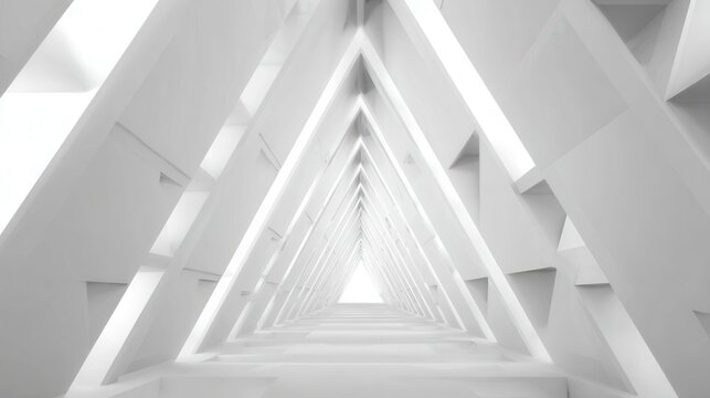 Stunning white triangular corridor with geometric patterns and strong light effects creating a unique visual experience