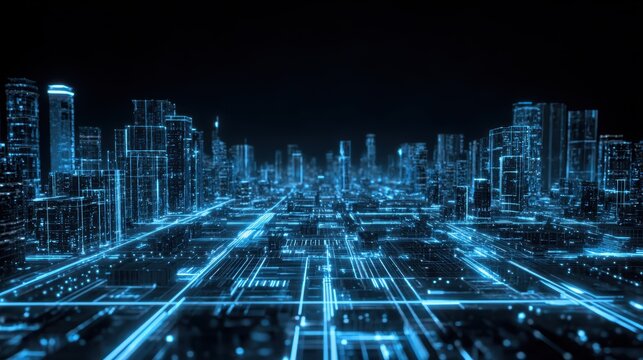 Futuristic digital cityscape at night with glowing blue lights and modern architecture elements