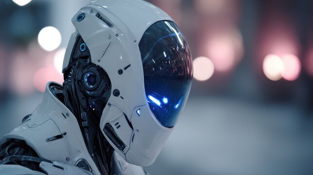 Futuristic robot with glowing blue features stands in a modern urban setting during night
