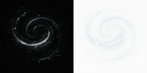 Abstract swirl design with contrasting black and white backgrounds, featuring dynamic movement and sparkling stars, ideal for creative projects and digital overlays
