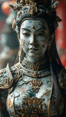 Statue of a serene Asian deity, intricate details, ornate headdress, weathered