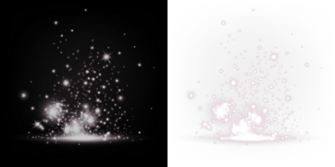 Sparkling light overlay with shimmering stars and glowing particles on contrasting black and white backgrounds, ideal for creative design and artistic projects