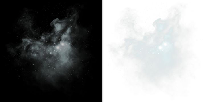 Abstract cosmic cloud overlay in black and white with ethereal textures and luminous stars, perfect for creative projects and digital design mockups with copy space