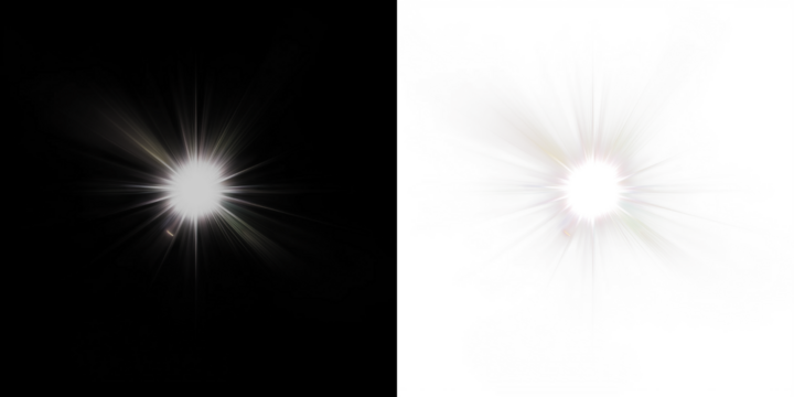 Bright light burst overlay on contrasting black and white backgrounds, creating a dynamic visual effect for creative design projects and enhancing artistic compositions