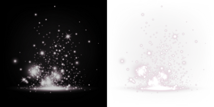 Sparkling light overlay with shimmering stars and glowing particles on contrasting black and white backgrounds, ideal for creative design and artistic projects