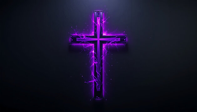 Neon Purple Cross with Electric Lightning Effect on Dark Background