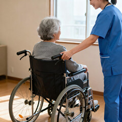 Obraz premium Elderly woman in wheelchair assisted by a caregiver in a bright room
