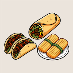 fun Mexican food compilation colored cartoon isolated drawing line style sketch classic vintage design illustration