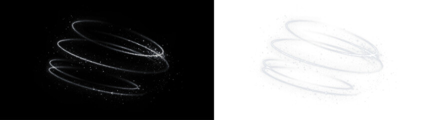 Abstract PNG overlay featuring swirling light trails on contrasting black and white backgrounds, creating a dynamic visual effect for creative design projects and artistic compositions