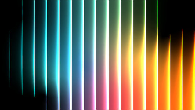 White light blue cyan magenta orange red gradient with iridescent glass effect on black background. Futuristic glowing lines with neon shine, prism reflection, and transparent light beam motion design