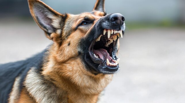 German shepherd displays strong dominance while barking in a training environment during a cloudy afternoon