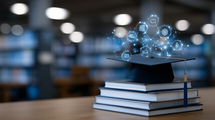 Graduation mortarboard balanced on neatly stacked academic texts, glowing virtual icons of research, study, and cognition projected above, soft-focus library background creating de