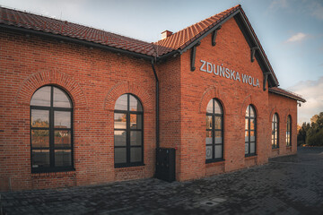 The railway station building and its surroundings in Zdunska Wola, Poland.