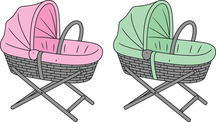 Baby bassinets with pink and green canopy, woven basket design, childcare gear vector sketch, cad 