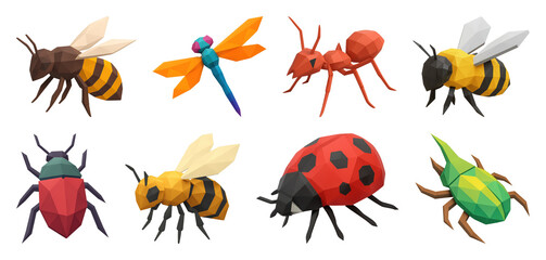 PNG Colorful polygonal 3D insect models, element set on transparent background