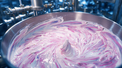 Close-up of silver mixer with gently swirling pink mixture, curved top reflecting LED lights, industrial valves and connectors in the background suggesting high-tech food processin