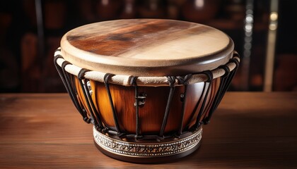 handcrafted wooden djembe drum with a light brown aged finish featuring a natural skin drumhead secured by dark cords and metallic accents