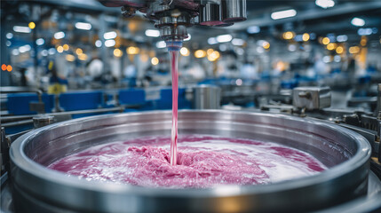 Commercial dairy mixing equipment with shiny stainless steel body, round base, curved top, vibrant pink liquid being processed, background showing clean automated production lines