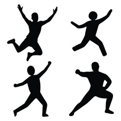 Jumping and running people silhouettes depict black vector illustration of athletes in action playing sports like soccer, basketball, and football