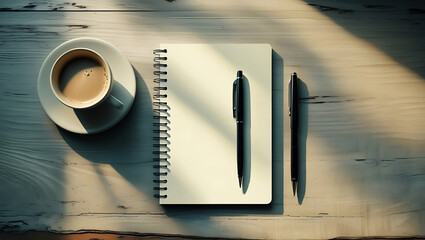 Minimalist Workspace with Coffee, Notebook, and Pens on Wood - Morning AI