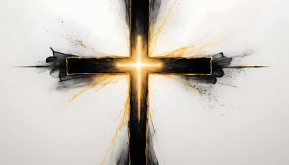 Abstract Cross with Glowing Light and Black and Gold Explosive Accents