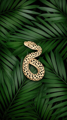 Leopard patterned snake curled on tropical palm leaves background with natural beauty