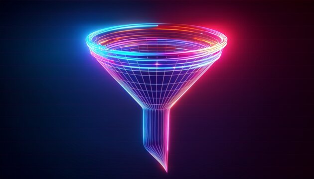vibrant glowing funnel with neon pink red and blue rings in 3d digital style on dark modern background futuristic sales and analytics technology concept