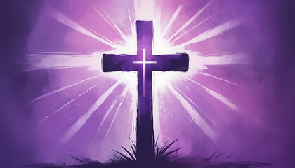 Illuminated Cross with Radiant Light Purple Background Spiritual Religious Symbol
