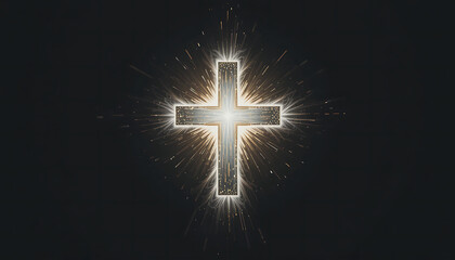 Illuminated Cross Sparkling Light Bright Religious Symbol in Dark Background