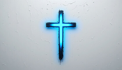 Blue Neon Cross on White Textured Wall in Religious Setting