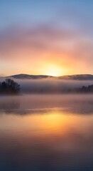 Obraz premium Misty Sunrise Over a Serene Lake with Golden Reflections.