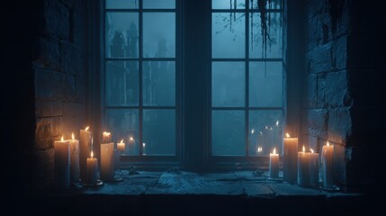 Candles glow softly by a window in an eerie, dimly lit room during a dark night