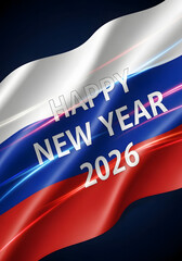 Happy new year 2026 with waving russian flag, festive greeting card