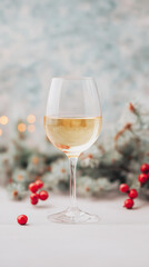 White wine glass with festive red berries and soft background lights creating warm mood